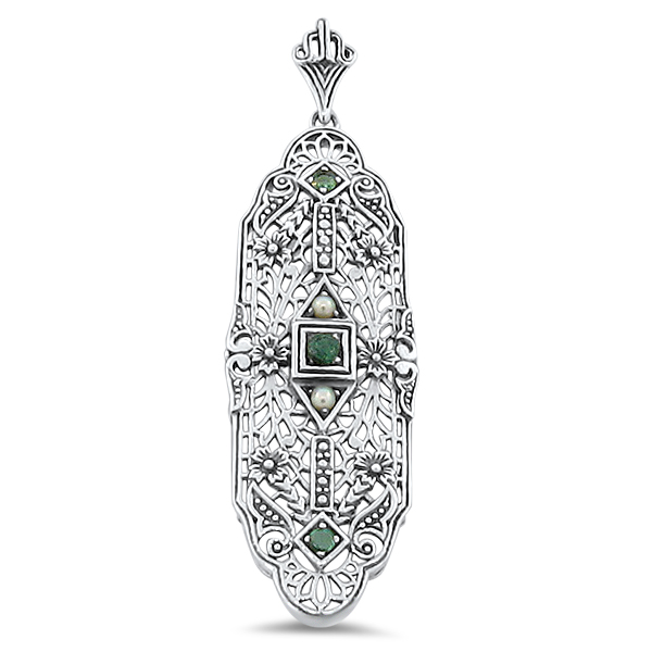 Genuine Emerald & Freshwater Seed Pearl Pendant, Sterling Silver