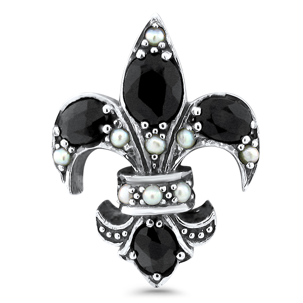 Genuine Black Agate & Pearl Fleur-De-Lis Pendant, Sterling Silver